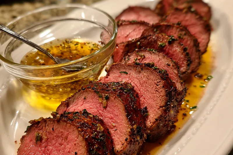 Premium ingredients for herb-crusted beef tenderloin including fresh beef, herbs, garlic, butter, and spices arranged on a wooden board