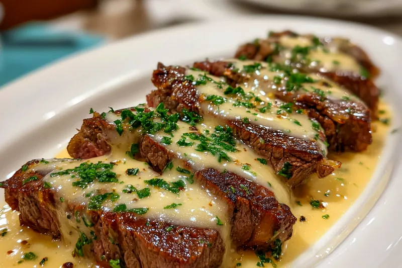 The process of cooking steak and preparing creamy garlic sauce in a skillet.