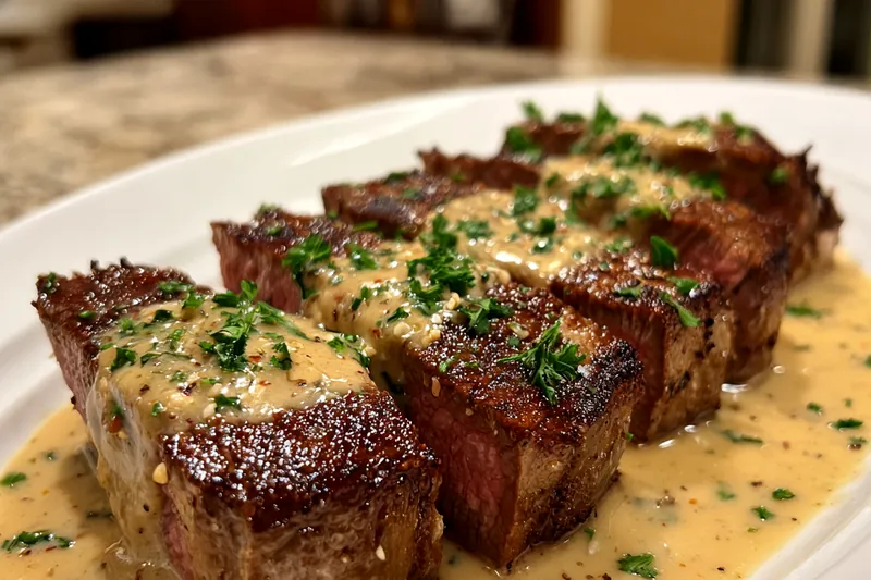 Fresh ingredients for Creamy Garlic Steak Delight including steak, garlic, and cream.