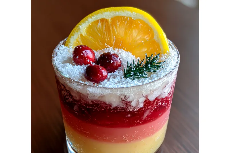 A colorful array of ingredients for the Festive Holiday Mocktail Delight including juices, mint, and cranberries.