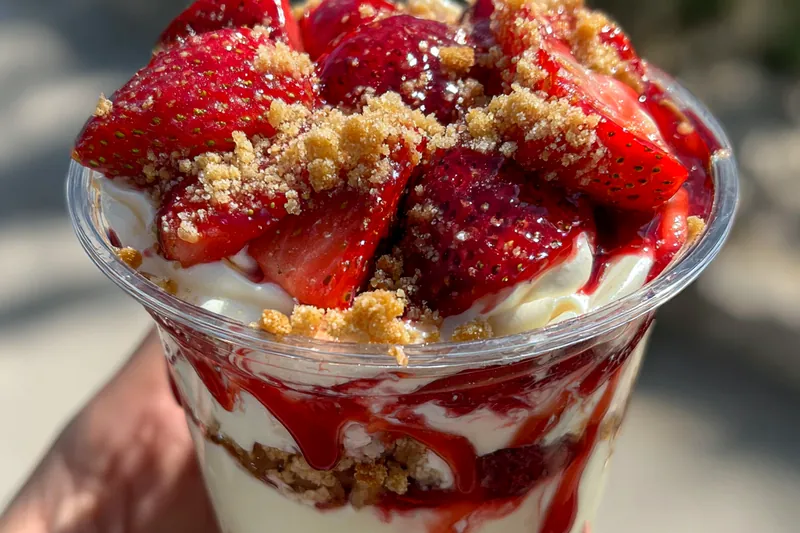 Ingredients for Layered Strawberry Cheesecake Cups arranged on a kitchen counter.