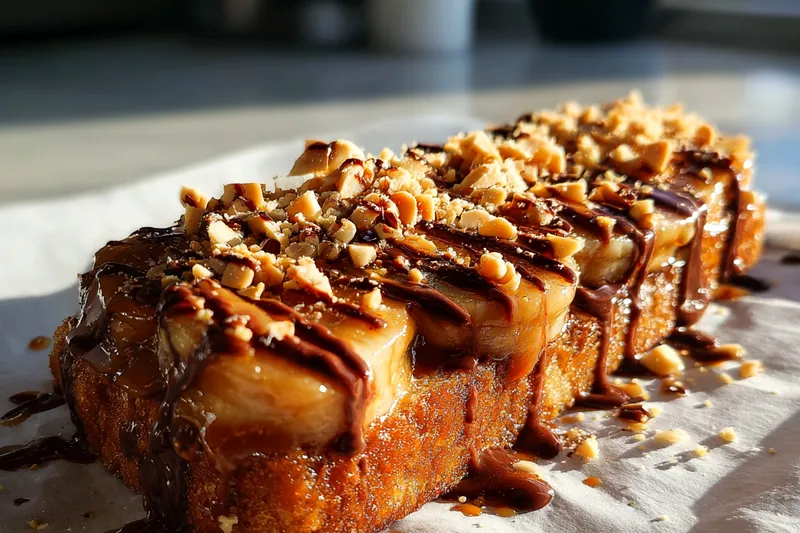 The process of assembling Guilt-Free Banana Snickers with banana slices, peanut butter, and melted chocolate.