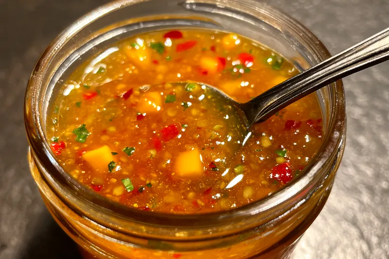 A process shot of Chef Mitchell stirring the Spicy Mango Honey Sauce in a saucepan on the stove.