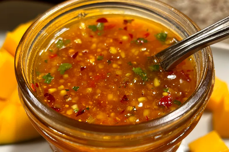 A pot simmering with Spicy Mango Garlic Sauce, showcasing the vibrant color and texture.