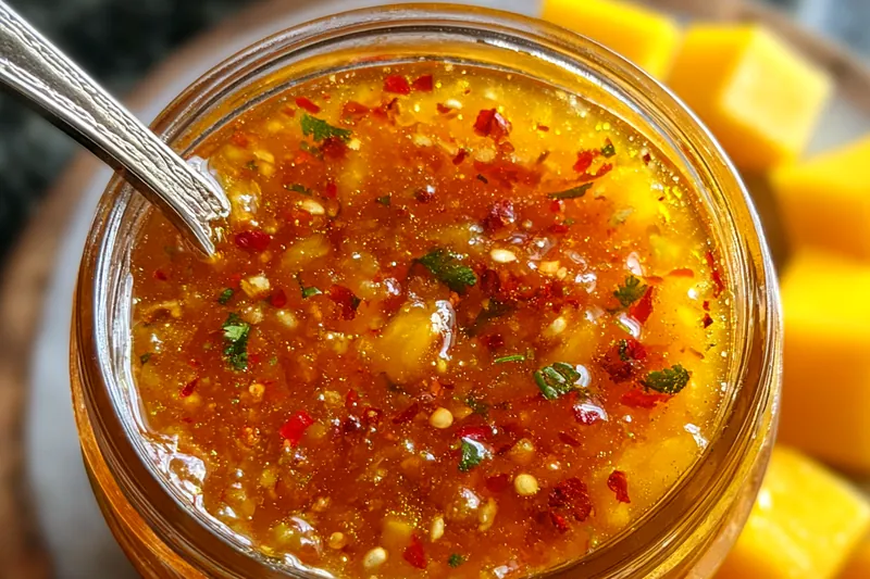 A colorful array of fresh ingredients for Spicy Mango Garlic Sauce including mangoes, garlic, and jalapeños.