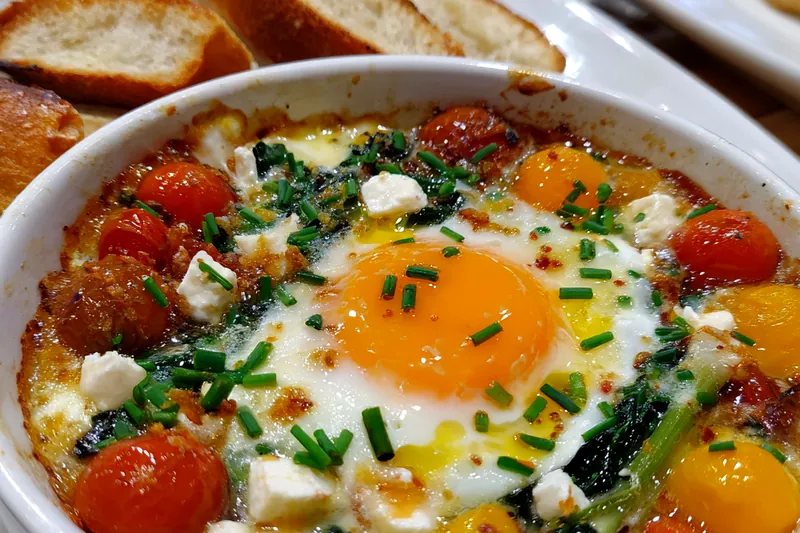 Fresh ingredients for Mediterranean Baked Feta Eggs