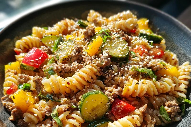 Fresh ingredients for Mediterranean pasta including fusilli, ground beef, colorful bell peppers, zucchini, herbs, and sesame seeds