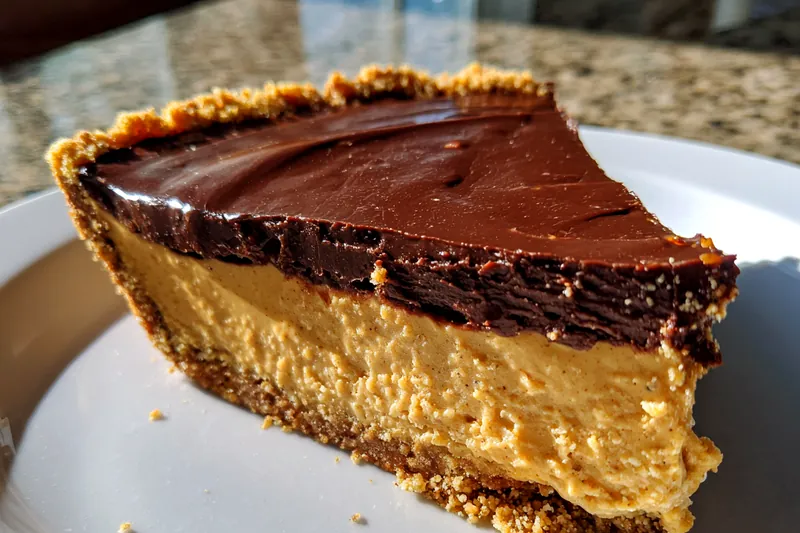 A step-by-step process of making Decadent No-Bake Peanut Butter Pie, showing mixing and layering.