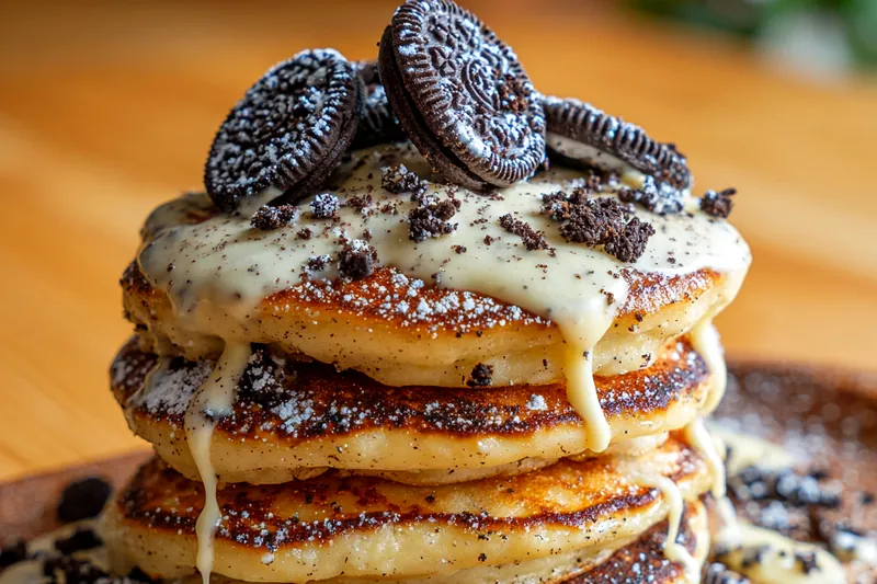 Chef flipping Decadent Oreo Pancakes on the skillet with a spatula