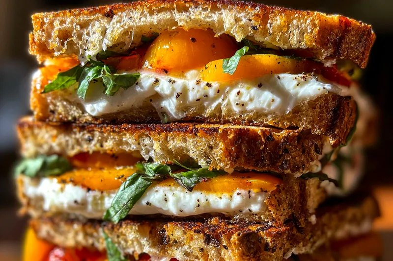 Fresh ingredients for Peach Basil Grilled Sandwich