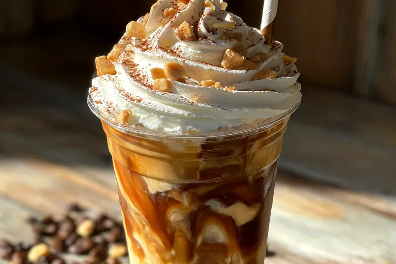 Step-by-step images showcasing the preparation of Peanut Butter Cup Iced Coffee Bliss.