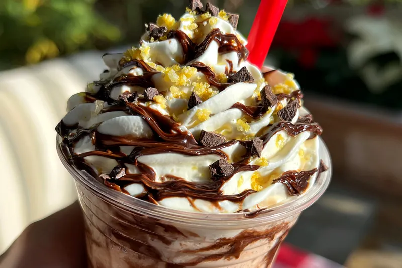 The process of preparing Creamy Peppermint Mocha Delight, showing the blending of coffee and milk mixture on a stovetop.