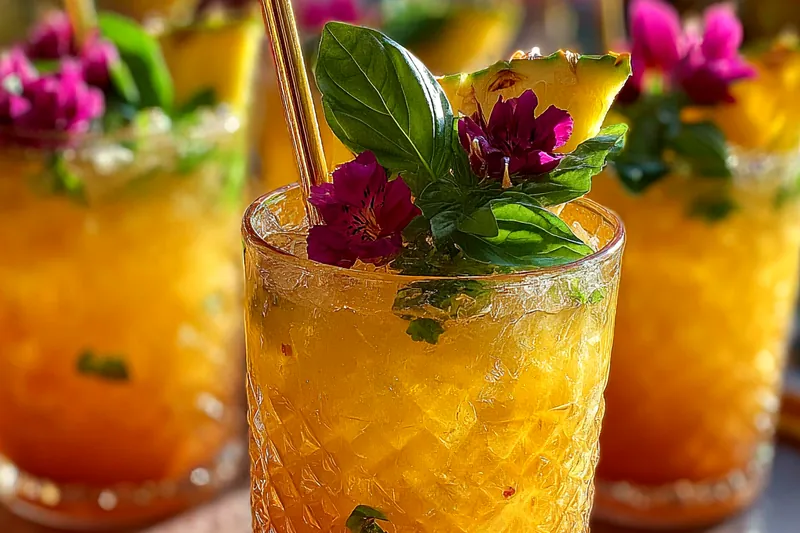 An assortment of fresh mangoes and pineapples prepared for making punch.