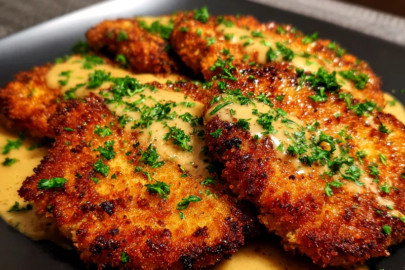 A colorful display of fresh ingredients for making crispy pork schnitzel.
