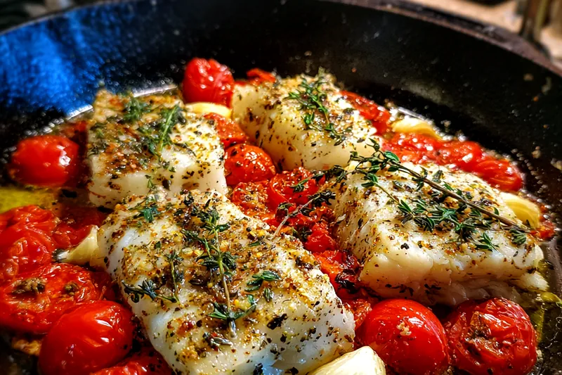 Chef Mitchell placing the baking dish of Quick Mediterranean Baked Fish into the oven.