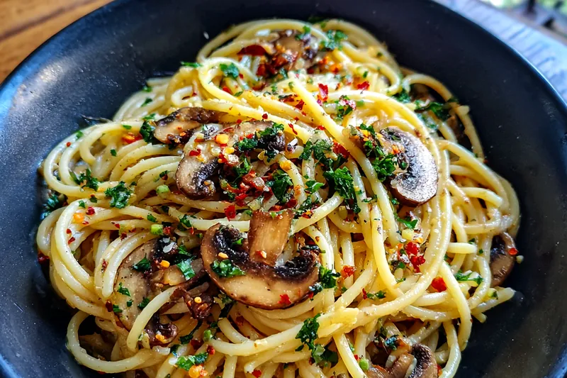 Chef Mitchell cooking Quick Mushroom Garlic Pasta in a skillet, showcasing the sautéed mushrooms and garlic.