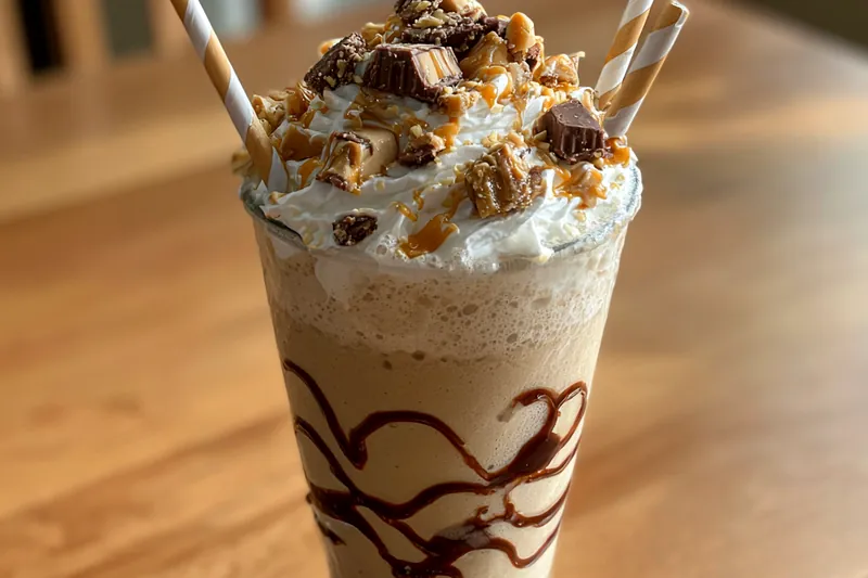 A blender filled with ingredients for the creamy peanut butter shake, ready to be blended.