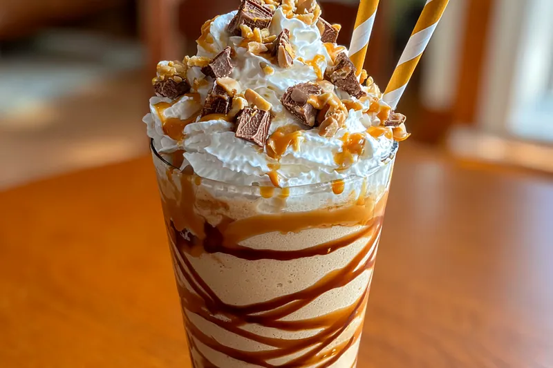 A variety of ingredients laid out for making creamy peanut butter shake.