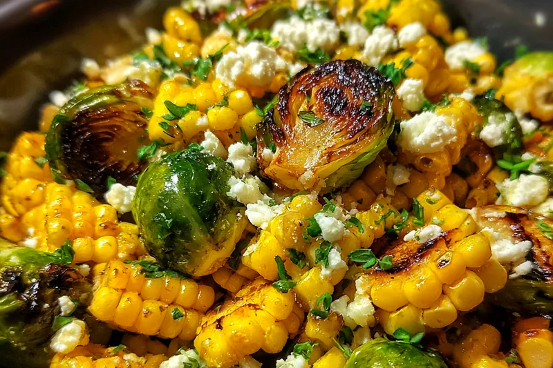 Fresh ingredients for Roasted Corn Brussels Mix