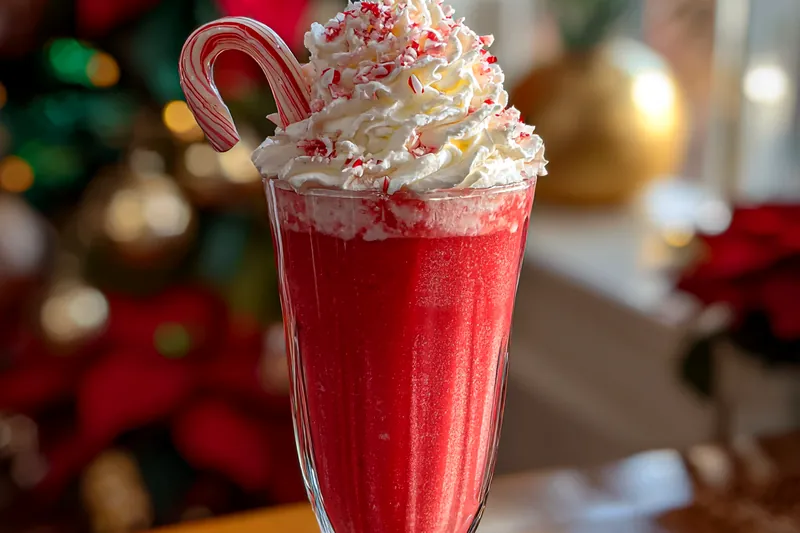 Chef blending ingredients to create a smooth and creamy Festive Red Velvet Shake.