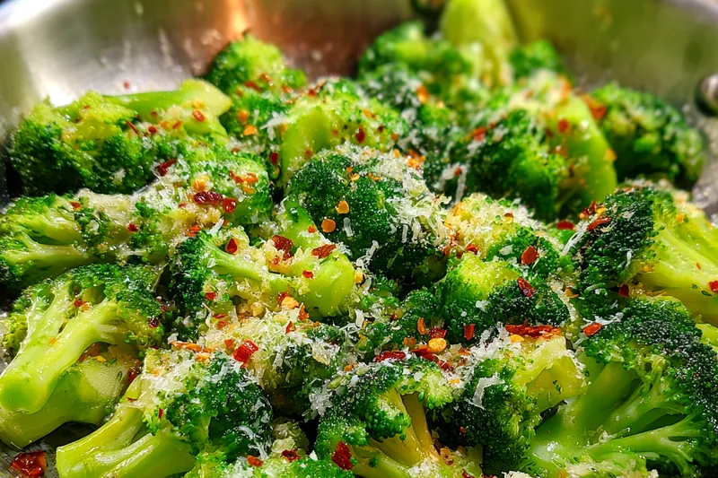 Step-by-step cooking process of Savory Garlic Parmesan Broccoli in a skillet.