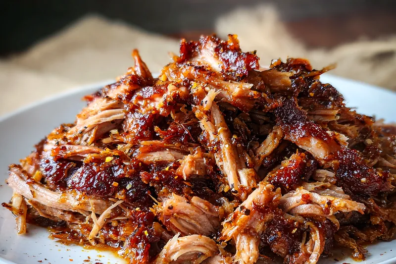 A close-up of Savory Pulled Pork Delight being shredded with forks, showcasing its tender texture.