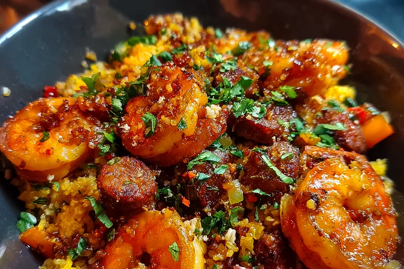 Fresh ingredients for Savory Shrimp Sausage Rice