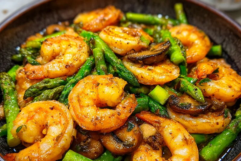 Chef cooking Savory Shrimp Stir-Fry Delight in a sizzling wok with colorful vegetables and shrimp.