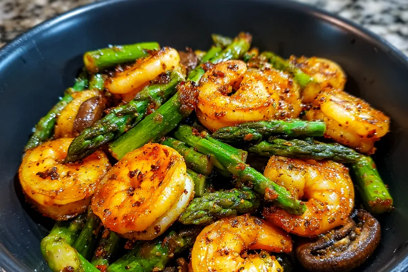 A chef skillfully stir-frying shrimp and asparagus in a hot skillet, showcasing the cooking process.