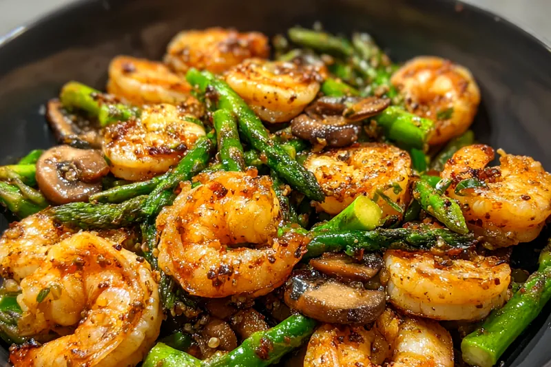 Fresh ingredients arranged neatly for Quick Shrimp Asparagus Stir-Fry, including shrimp, asparagus, and bell pepper.