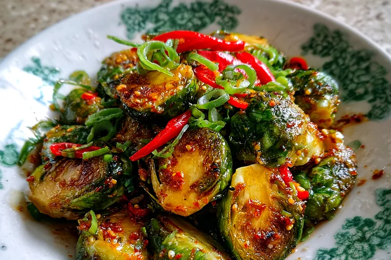The cooking process of Spicy General Tso's Brussels Sprouts, showcasing the vibrant colors and sauces being mixed.