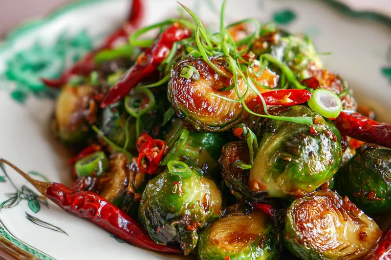 A variety of fresh vegetables including Brussels sprouts, garlic, and ginger displayed for the Spicy General Tso's Brussels Sprouts.