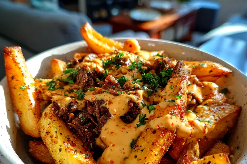 Ingredients for Spicy Loaded Voodoo Fries arranged on a wooden table.