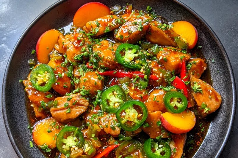 Fresh ingredients for Spicy Peach Chicken Delight