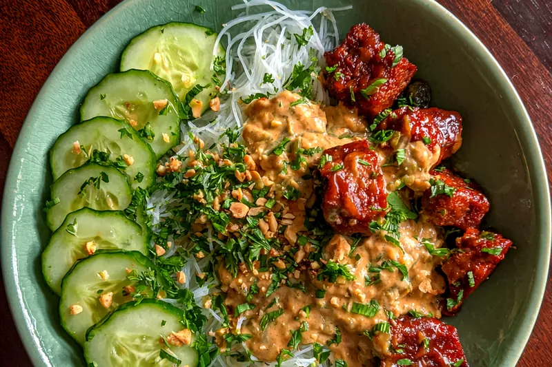 Fresh ingredients for Spicy Peanut Chicken Noodle Bowl