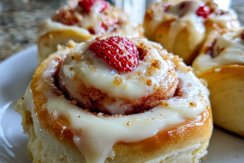 The process of rolling up Decadent Strawberry Cheesecake Rolls filled with strawberries and cream cheese.