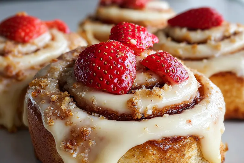 A colorful display of fresh strawberries, cream cheese, and crescent roll dough for Decadent Strawberry Cheesecake Rolls.
