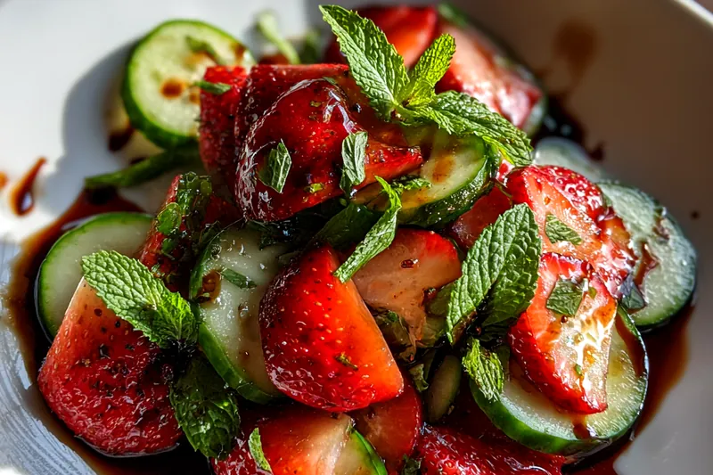 Fresh ingredients for Strawberry Cucumber Mint Salad