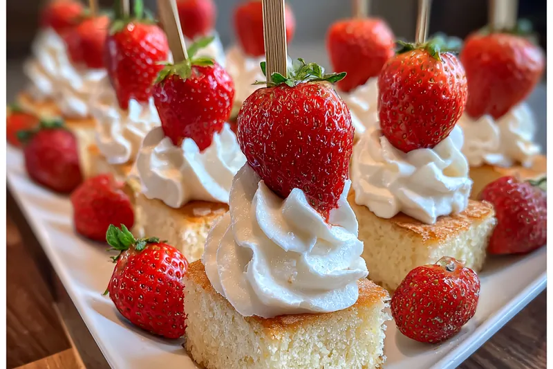 Step-by-step cooking process of assembling Strawberry Shortcake Bites, showcasing fresh strawberries and whipped cream.