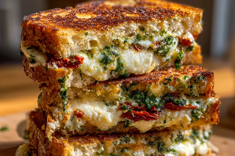 A skillet with Gourmet Grilled Cheese Delight sizzling, showing golden-brown crust and melted cheese.