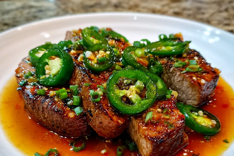 Chef Mitchell skillfully cooking Spicy Sweet Jalapeno Pork Delight in a skillet, with vibrant colors and enticing aromas.