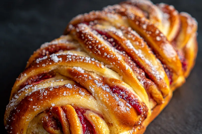 A step-by-step visual guide showcasing the preparation of Sweet Raspberry Brioche Loaf, from mixing ingredients to placing the loaf in the oven.