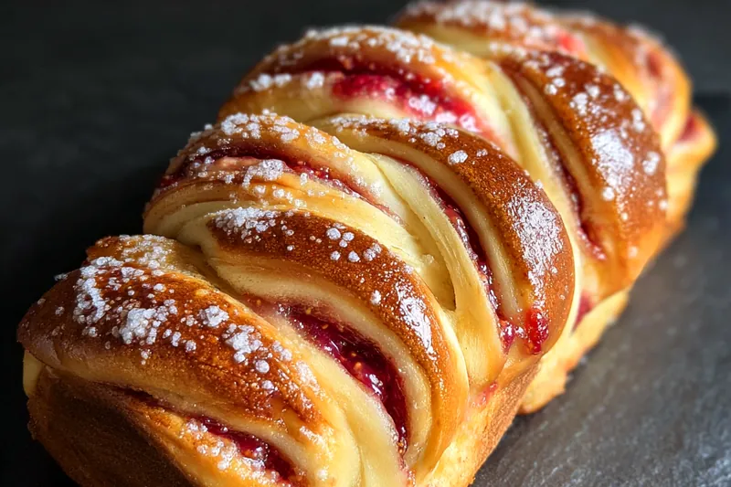 An assortment of quality ingredients for Sweet Raspberry Brioche Loaf including flour, butter, milk, eggs, and fresh raspberries.