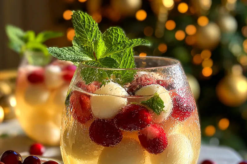 A close-up of the Festive White Christmas Punch being poured into a glass, showcasing its vibrant color and garnishes.