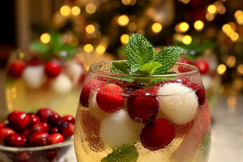 A beautifully arranged ingredients setup showcasing coconut water, cranberry juice, and fresh mint for the punch.