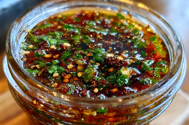 An array of fresh herbs, garlic, and spices ready to be used in Zesty Smoky Red Chimichurri.